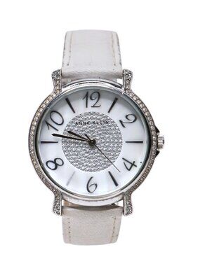 Anne Klein Silver Tone Crystal Pave Dial Watch White Leather Band New Battery